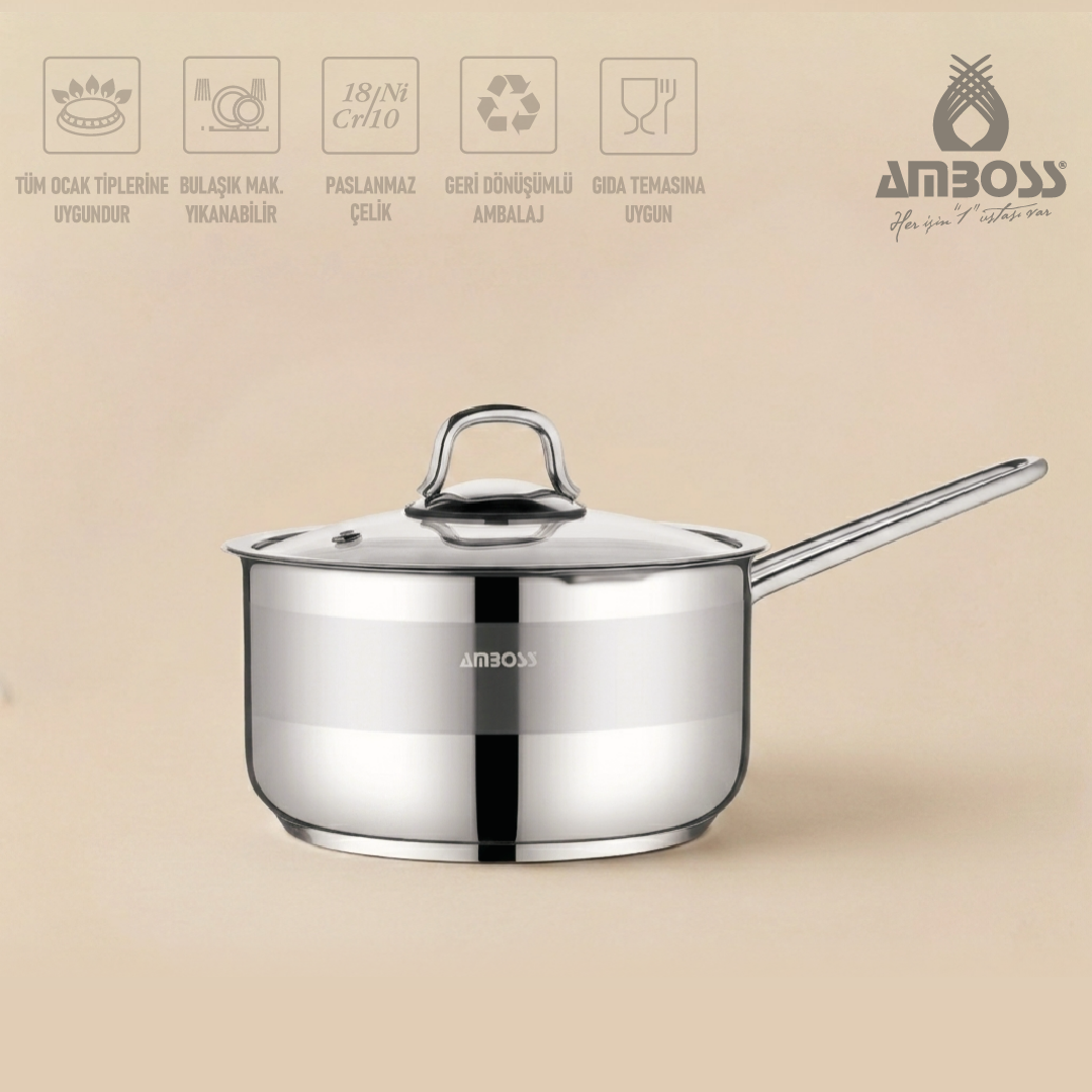 Amboss Saphire Paslanmaz Çelik Cam Kapaklı Sosluk Sütlük 16 Cm