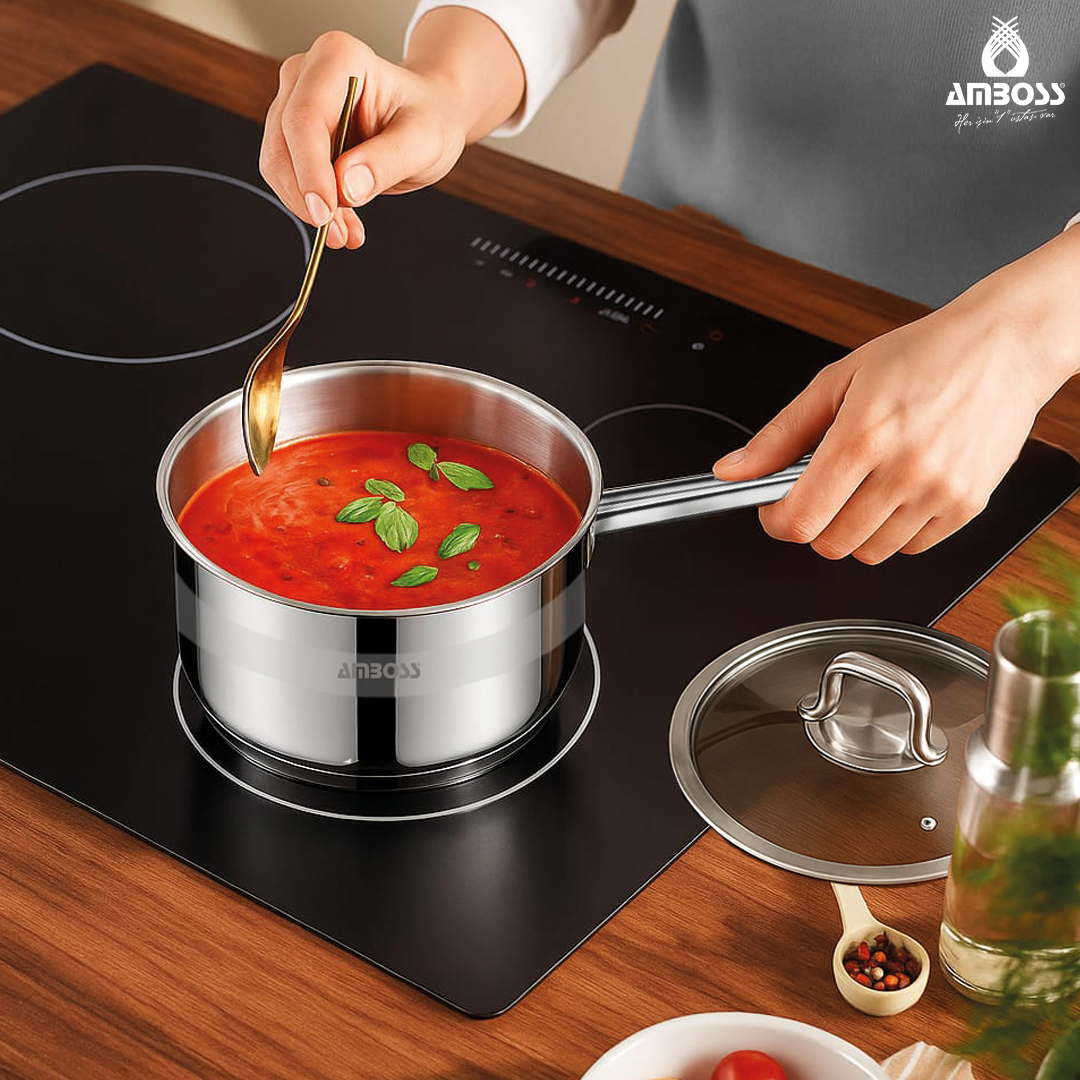 Amboss Saphire Paslanmaz Çelik Cam Kapaklı Sosluk Sütlük 16 Cm