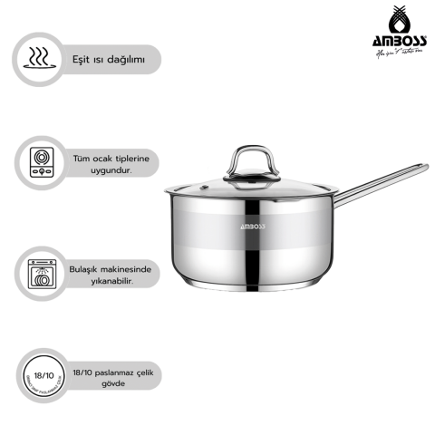 Amboss Saphire Paslanmaz Çelik Cam Kapaklı Sosluk Sütlük 16 Cm