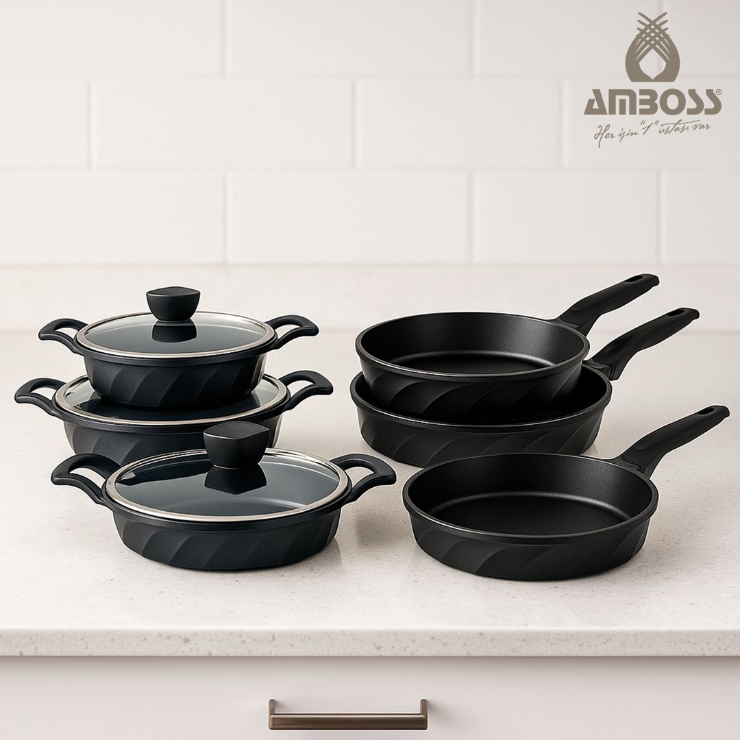 Amboss Vento 9 Parça Döküm Tava Sahan Seti (Siyah)