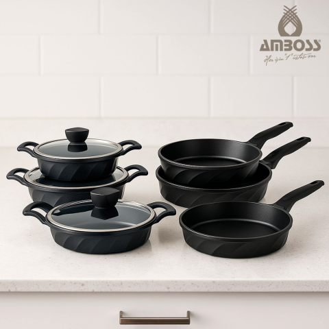 Amboss Vento 9 Parça Döküm Tava Sahan Seti (Siyah)