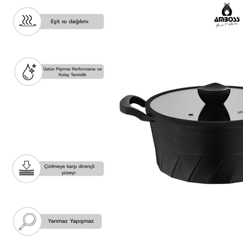 Amboss 16 Parça Vento Döküm Tencere Tava Sahan Seti (Siyah)