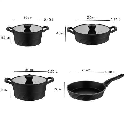 Amboss 16 Parça Vento Döküm Tencere Tava Sahan Seti (Siyah)