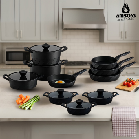 Amboss 16 Parça Vento Döküm Tencere Tava Sahan Seti (Siyah)