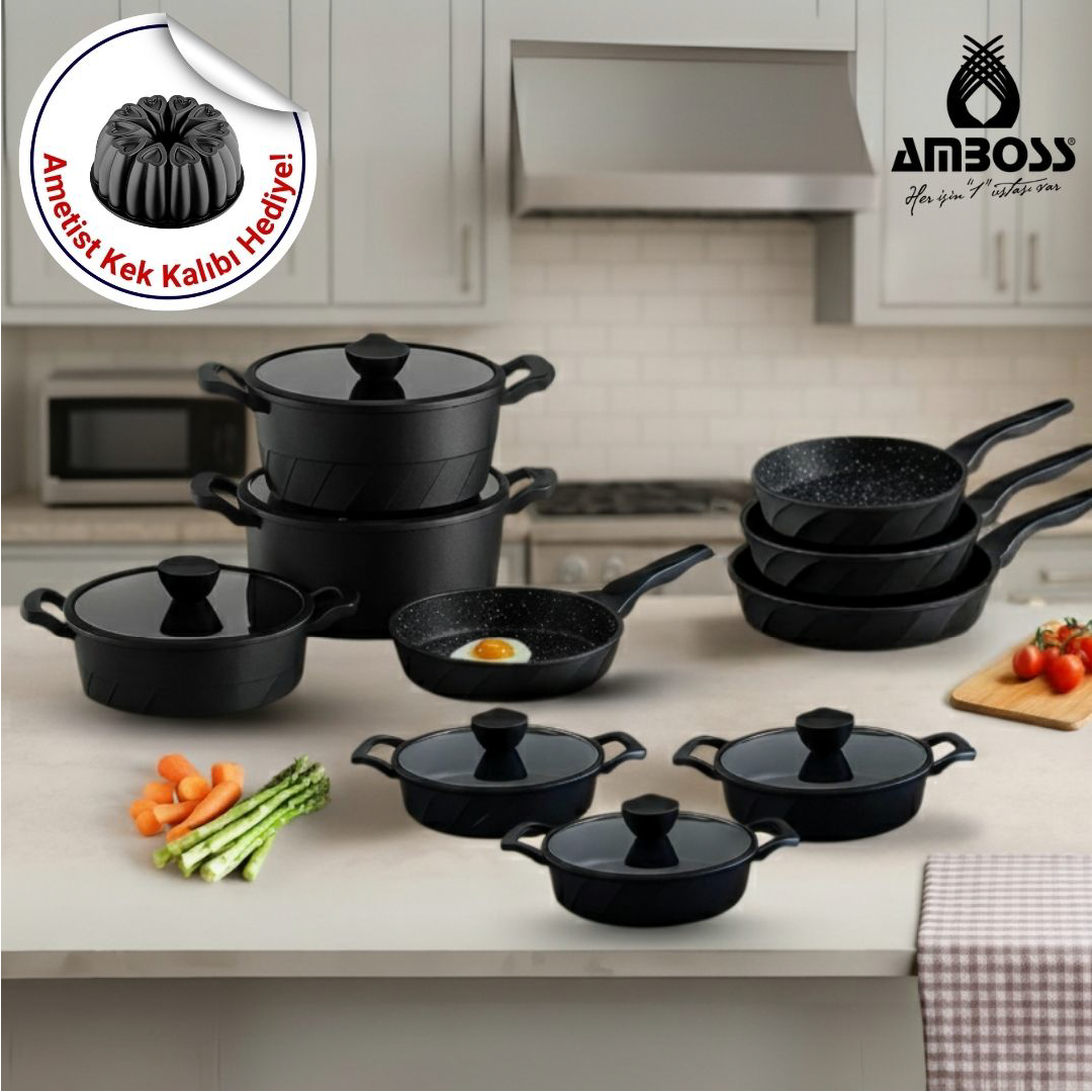 Amboss 16 Parça Vento Döküm Tencere Tava Sahan Seti (Siyah)