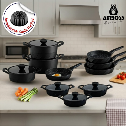 Amboss 16 Parça Vento Döküm Tencere Tava Sahan Seti (Siyah)