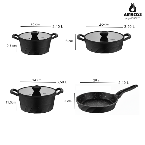 Amboss 16 Parça Vento Döküm Tencere Tava Sahan Seti (Siyah)