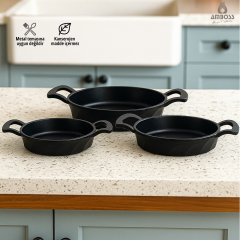 Amboss Vento 3 Parça Yanmaz Yapışmaz Titanyum Kaplama Sahan Omlet Seti