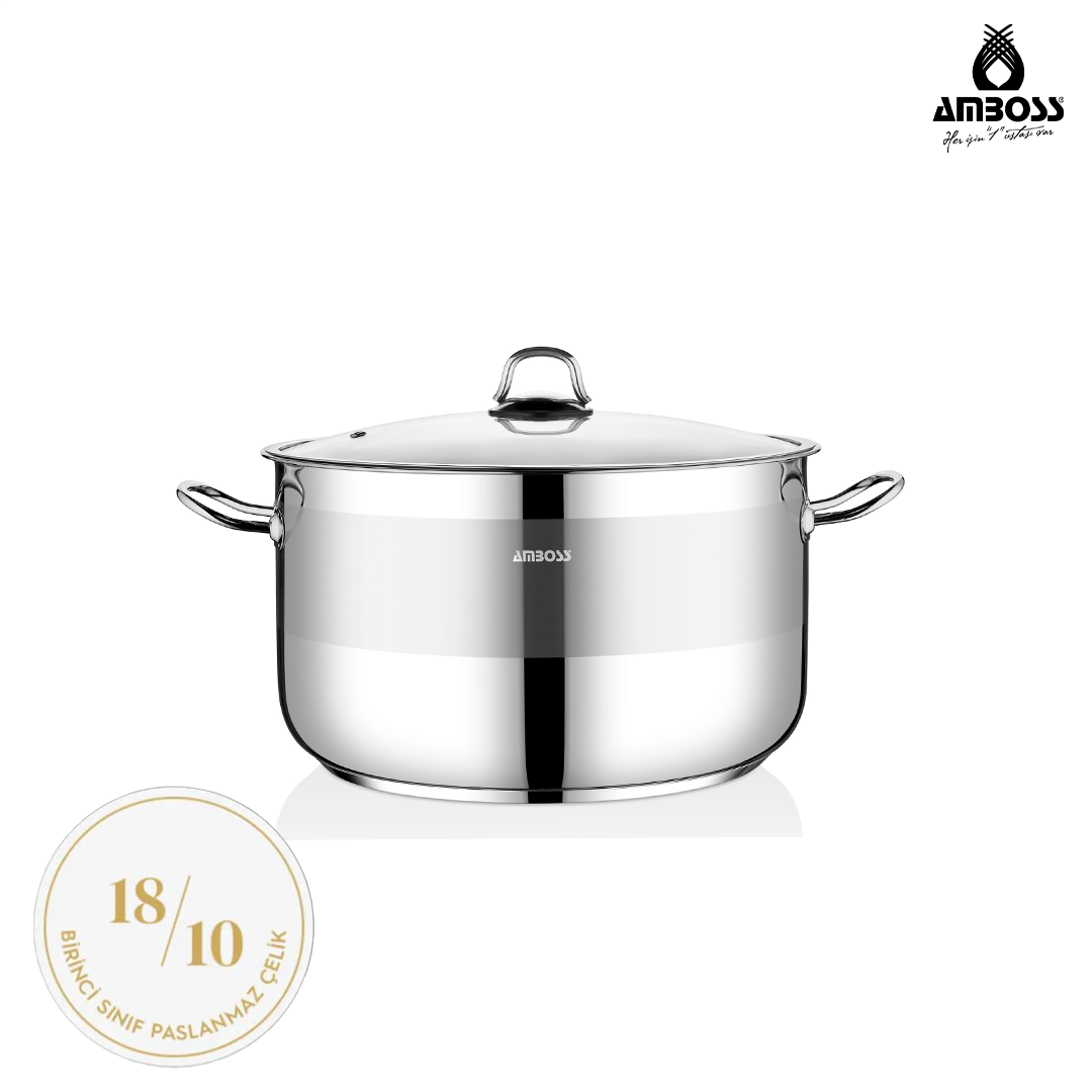 Amboss Saphire Paslanmaz Çelik 32 cm Cam Kapaklı Derin Tencere