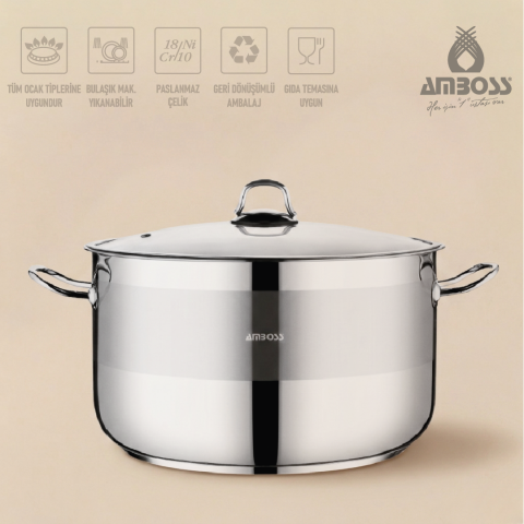 Amboss Saphire Paslanmaz Çelik 32 cm Cam Kapaklı Derin Tencere