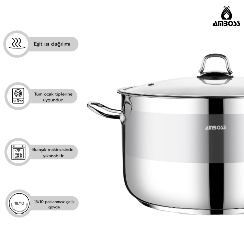 Amboss Saphire Paslanmaz Çelik 34 cm Cam Kapaklı Derin Tencere