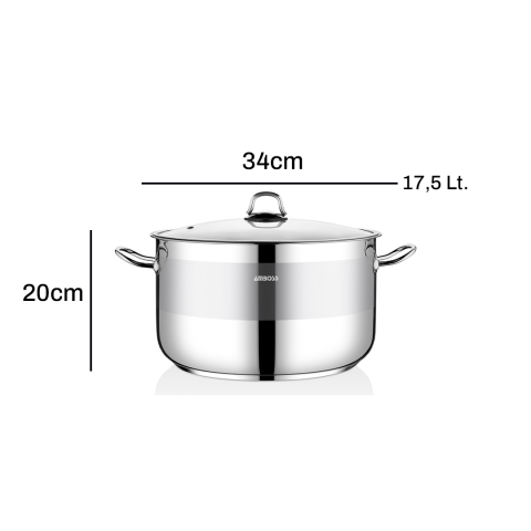 Amboss Saphire Paslanmaz Çelik 34 cm Cam Kapaklı Derin Tencere