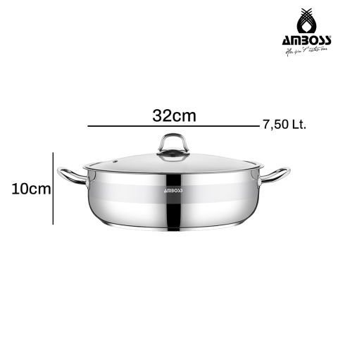 Amboss Saphire Paslanmaz Çelik 32 cm Cam Kapaklı Basık Tencere