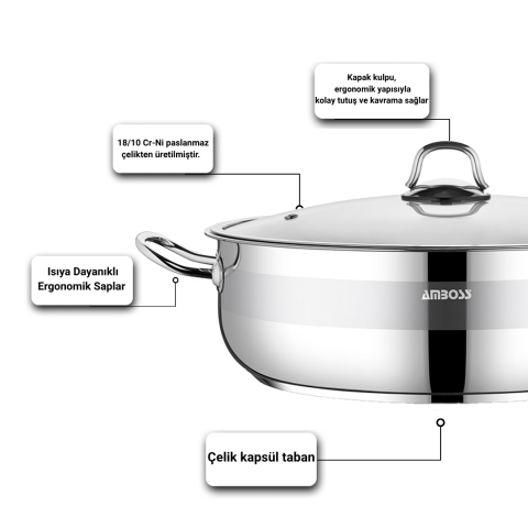 Amboss Saphire Paslanmaz Çelik 32 cm Cam Kapaklı Basık Tencere
