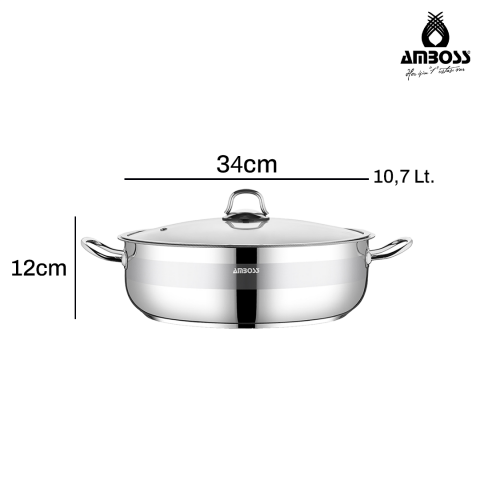Amboss Saphire Paslanmaz Çelik 34 cm Cam Kapaklı Basık Tencere
