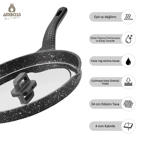 Amboss Döküm Granit Kapaklı Balık Tavası 34 cm