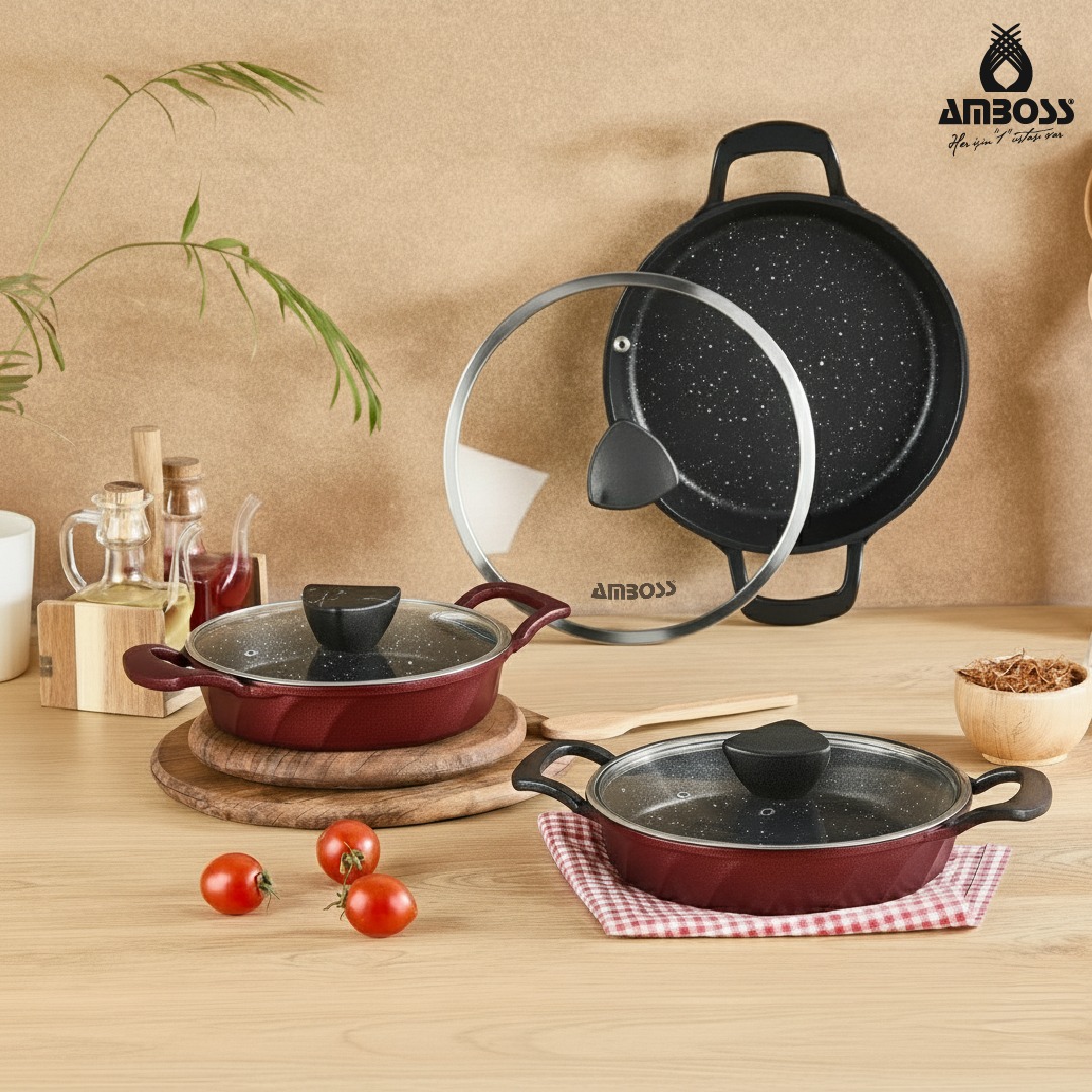 Amboss Vento 6 Parça Cam Kapaklı Döküm Sahan Omlet Seti (Kırmızı)