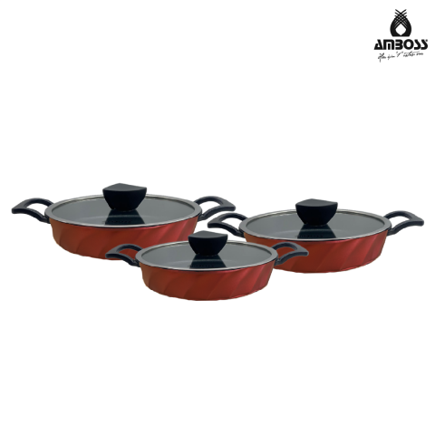 Amboss Vento 6 Parça Cam Kapaklı Döküm Sahan Omlet Seti (Kırmızı)