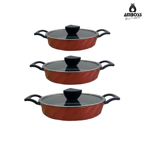 Amboss Vento 6 Parça Cam Kapaklı Döküm Sahan Omlet Seti (Kırmızı)