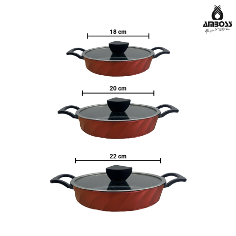 Amboss Vento 6 Parça Cam Kapaklı Döküm Sahan Omlet Seti (Kırmızı)