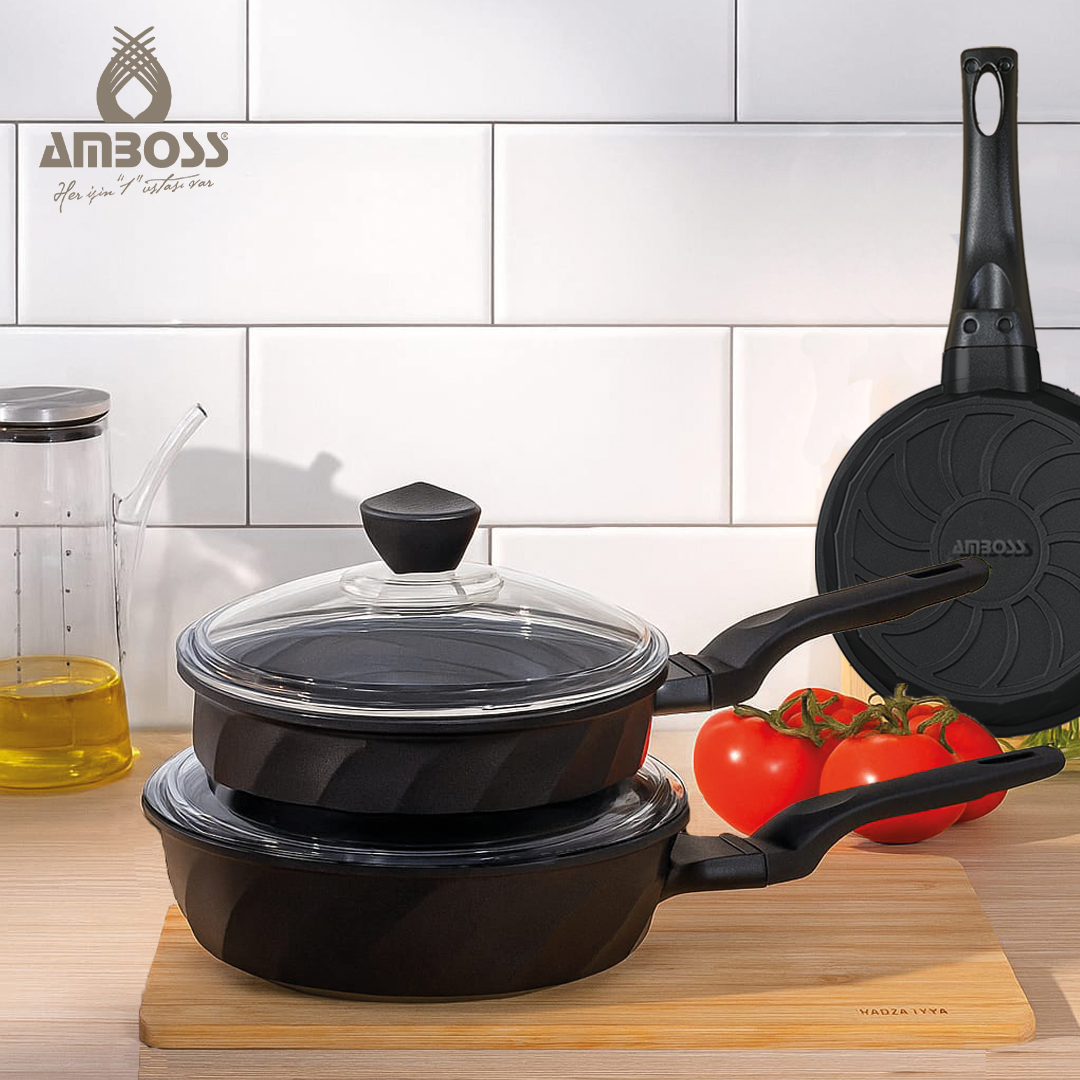 Amboss Vento 6 Parça Döküm Cam Kapaklı Tava 18-22-26 cm