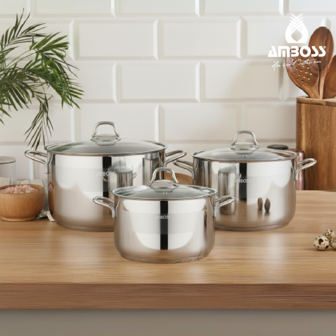 Amboss Asude 6 Parça Paslanmaz Çelik Cam Kapaklı Tencere Seti