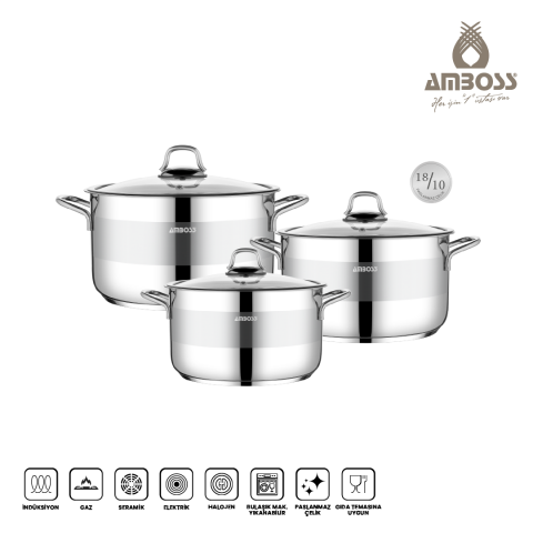 Amboss Asude 6 Parça Paslanmaz Çelik Cam Kapaklı Tencere Seti