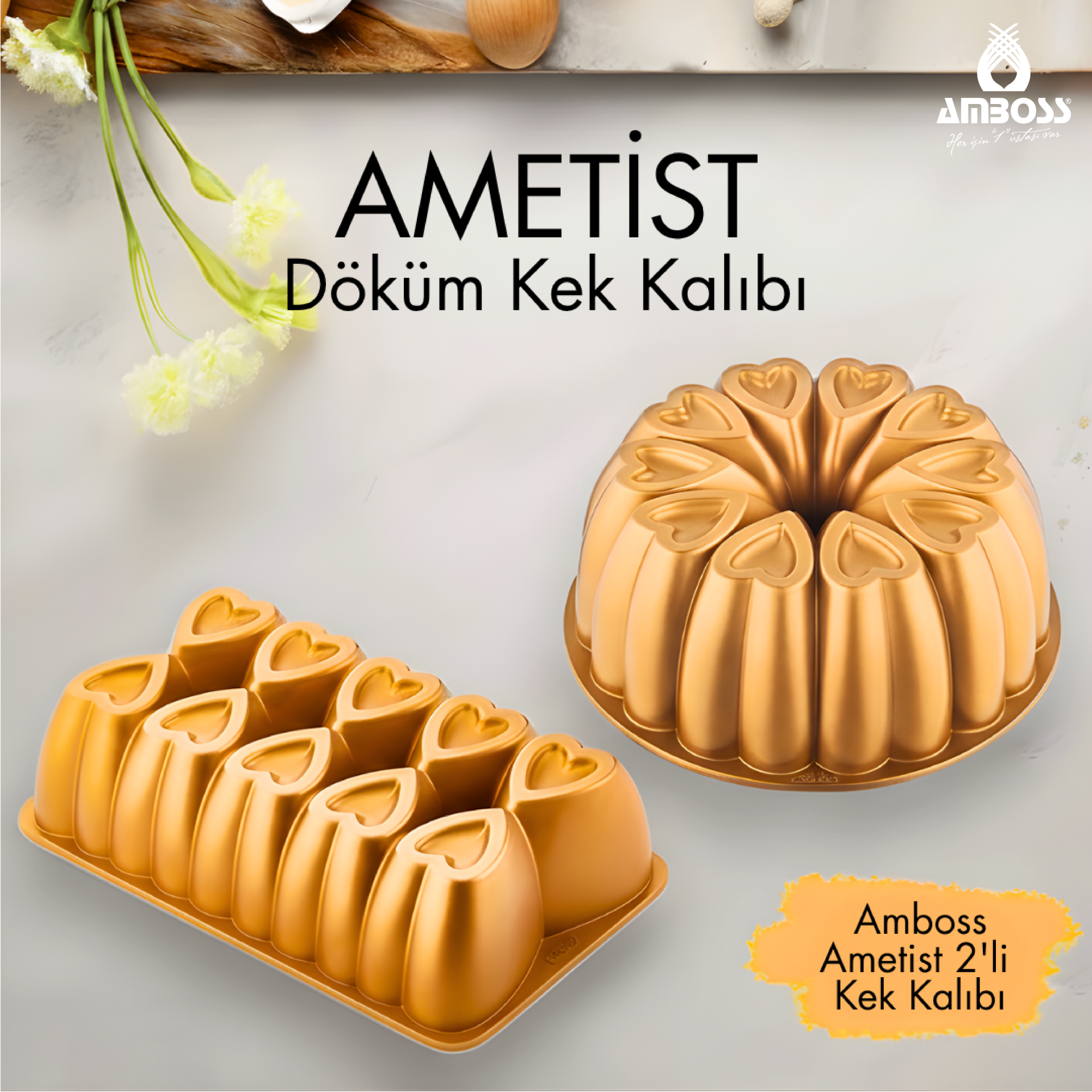 Amboss Ametist 2 Parça Döküm Kek Kalıbı ( Gold )