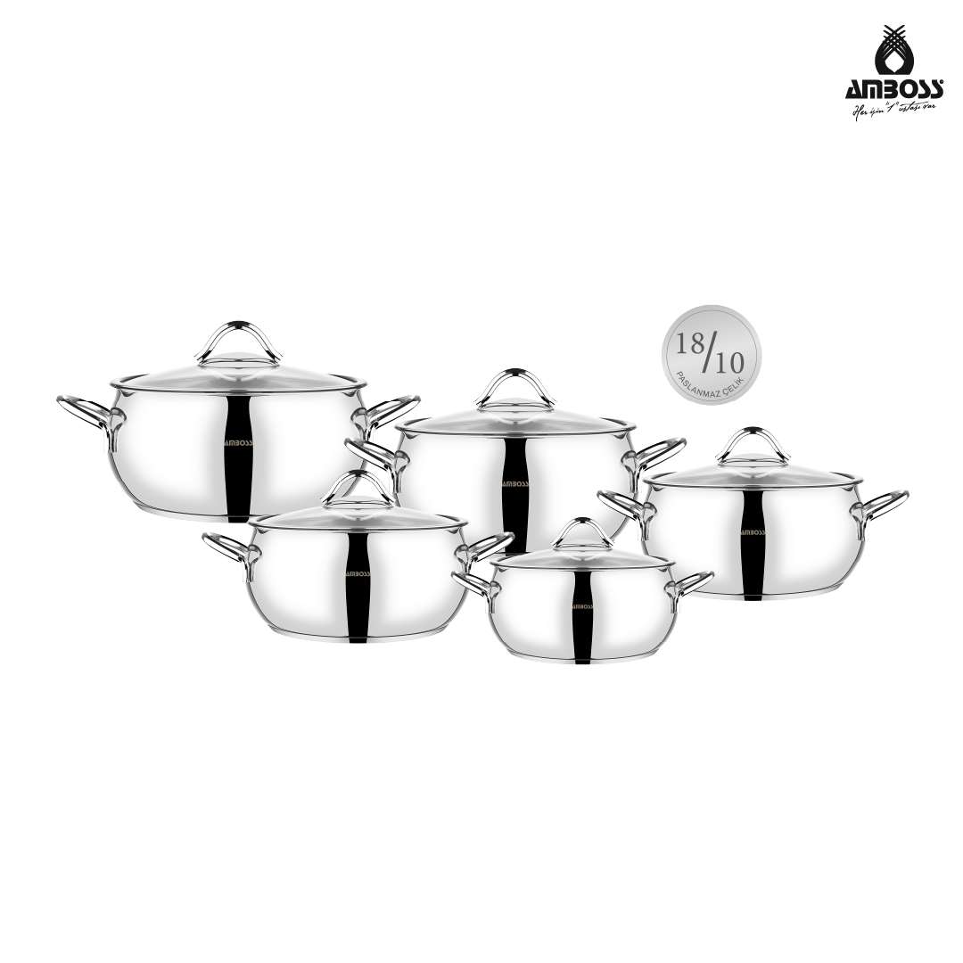 Amboss 10 Parça Big Steel Paslanmaz Çelik Cam Kapaklı Derin Tencere Seti