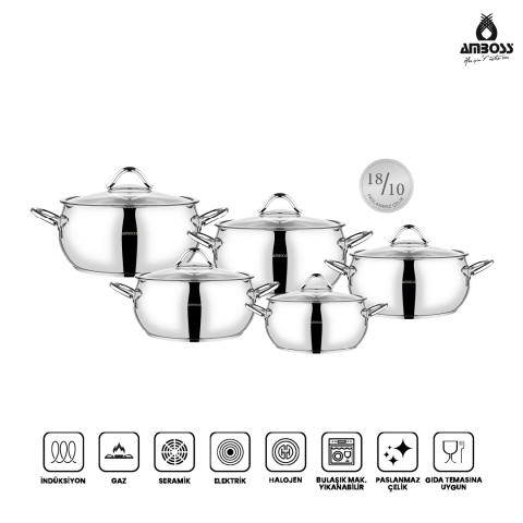 Amboss 10 Parça Big Steel Paslanmaz Çelik Cam Kapaklı Derin Tencere Seti