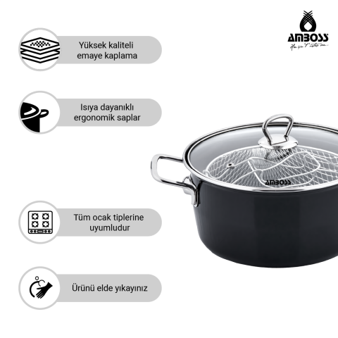Amboss Crispella 22 Cm Cam Kapaklı Emaye Kızartma Tenceresi - Siyah