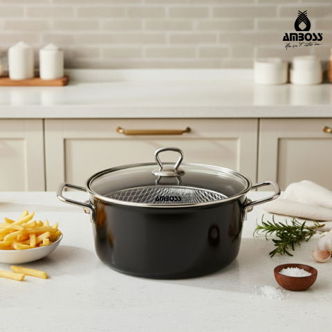 Amboss Crispella 22 Cm Cam Kapaklı Emaye Kızartma Tenceresi - Siyah
