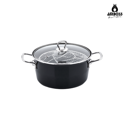 Amboss Crispella 22 Cm Cam Kapaklı Emaye Kızartma Tenceresi - Siyah
