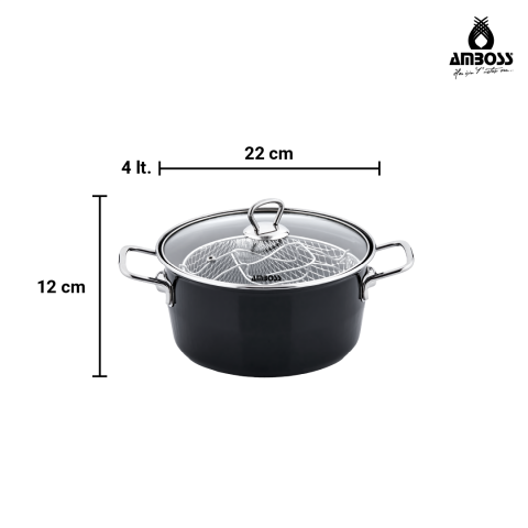 Amboss Crispella 22 Cm Cam Kapaklı Emaye Kızartma Tenceresi - Siyah
