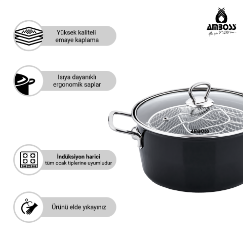 Amboss Crispella 22 Cm Cam Kapaklı Emaye Kızartma Tenceresi - Siyah