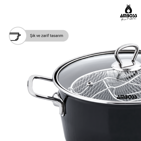 Amboss Crispella 22 Cm Cam Kapaklı Emaye Kızartma Tenceresi - Siyah