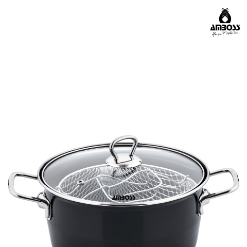 Amboss Crispella 22 Cm Cam Kapaklı Emaye Kızartma Tenceresi - Siyah