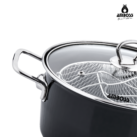 Amboss Crispella 22 Cm Cam Kapaklı Emaye Kızartma Tenceresi - Siyah