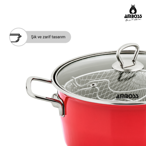 Amboss Crispella 22 Cm Cam Kapaklı Emaye Kızartma Tenceresi - Kırmızı