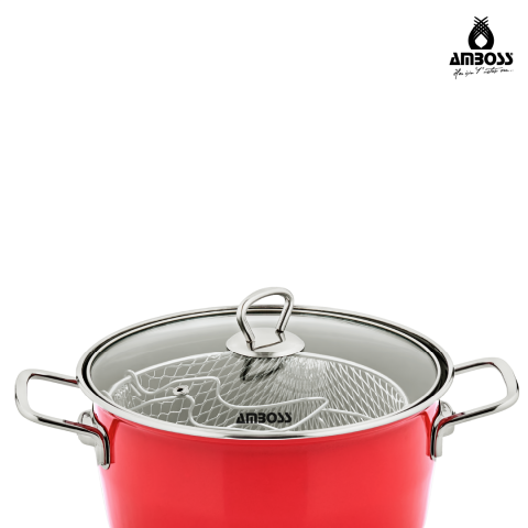 Amboss Crispella 22 Cm Cam Kapaklı Emaye Kızartma Tenceresi - Kırmızı