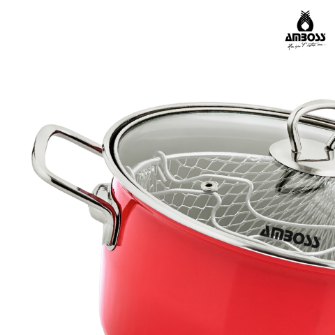 Amboss Crispella 22 Cm Cam Kapaklı Emaye Kızartma Tenceresi - Kırmızı
