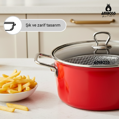Amboss Crispella 22 Cm Cam Kapaklı Emaye Kızartma Tenceresi - Kırmızı