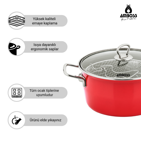 Amboss Crispella 22 Cm Cam Kapaklı Emaye Kızartma Tenceresi - Kırmızı