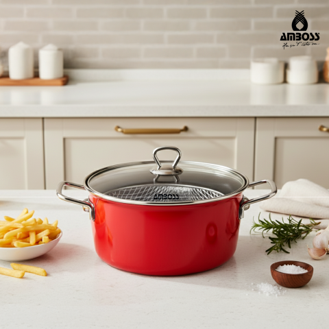 Amboss Crispella 22 Cm Cam Kapaklı Emaye Kızartma Tenceresi - Kırmızı