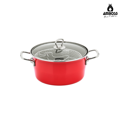 Amboss Crispella 22 Cm Cam Kapaklı Emaye Kızartma Tenceresi - Kırmızı