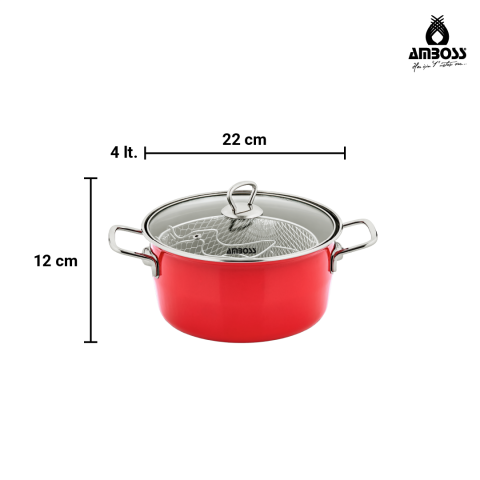 Amboss Crispella 22 Cm Cam Kapaklı Emaye Kızartma Tenceresi - Kırmızı