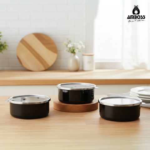 Amboss 6 Parça Crispella 14-16-18 cm Emaye Saklama Kabı Seti – Siyah