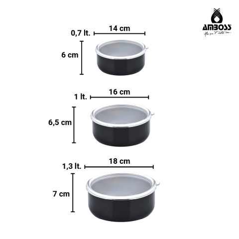Amboss 6 Parça Crispella 14-16-18 cm Emaye Saklama Kabı Seti – Siyah