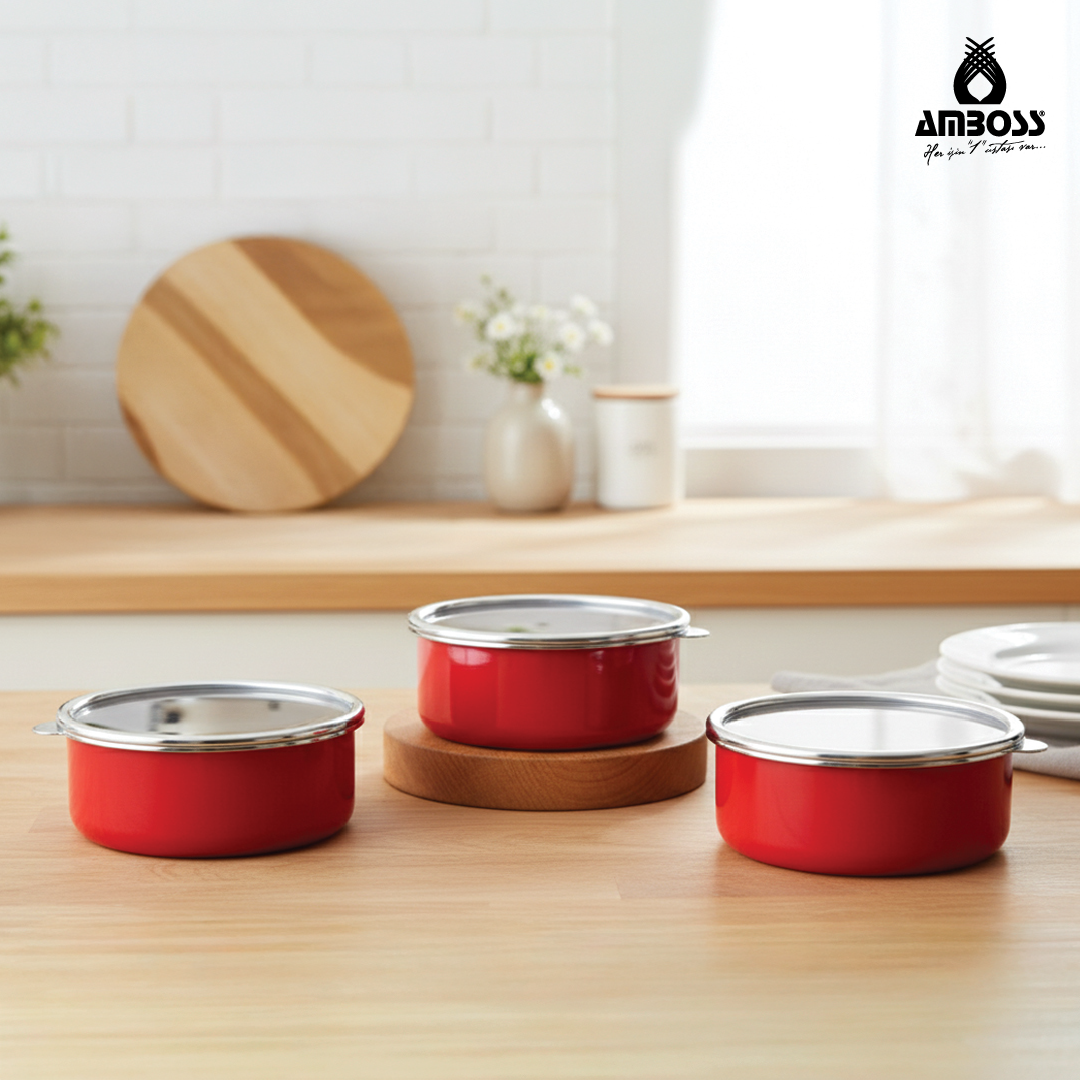 Amboss 6 Parça Crispella 14-16-18 cm Emaye Saklama Kabı Seti – Kırmızı