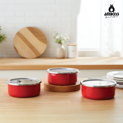 Amboss 6 Parça Crispella 14-16-18 cm Emaye Saklama Kabı Seti – Kırmızı